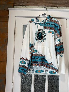 Aztec Horse Print Hooded Pullover Sweatshirt - White & Teal